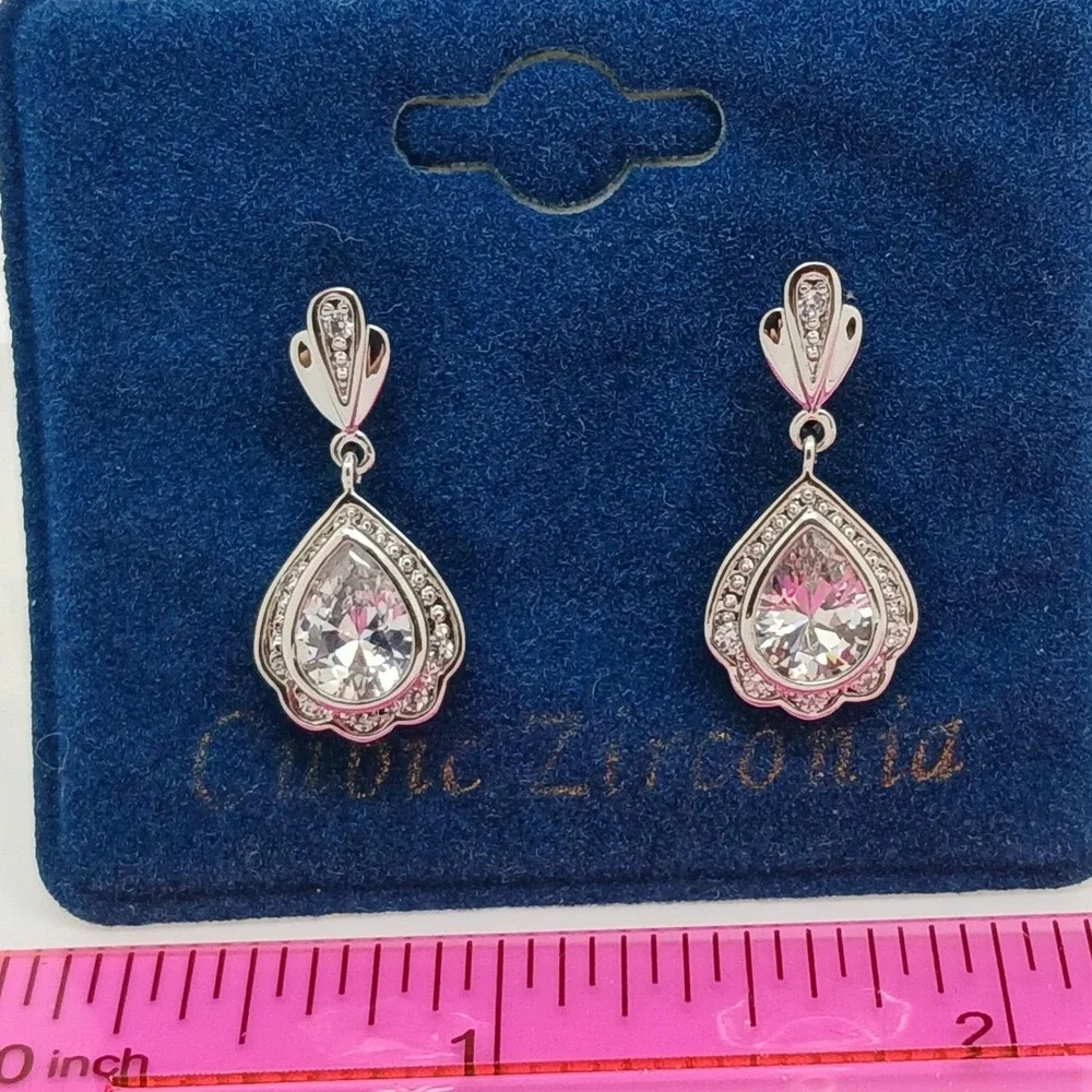 Vintage 1990s Pear Cut Cubic Zirconia Silver Tone Drop Earrings Rare New on Card